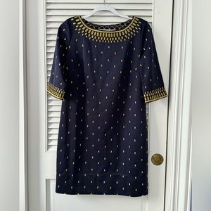 Gretchen Scott dress navy an gold embroidery.  Stretch material size medium